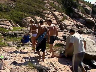 Flux at the beach - 3 men increased by a woman, double anal