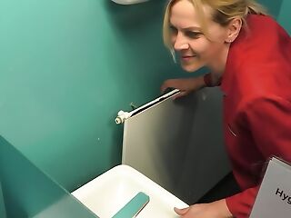 Tow-headed post slut fucked with horde toilet!!