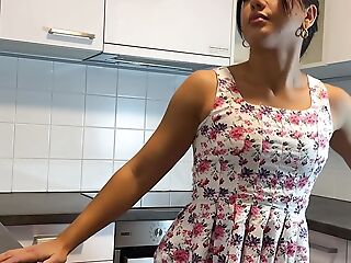 Hot Brunette Bored Wife in a Mini Modified Sun Dress to Flash will not hear of Tight Shaved Pussy in hammer away Kitchen